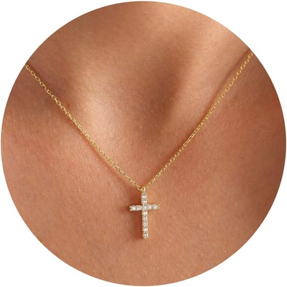 Cross Necklace for Women 14K Gold Plated Layered Chain Diamond Cross - Picture 1 of 7